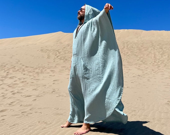 Mens muslin caftan with HOOD /  cotton muslin fabric authentic CAFTAN for men /  greek style kaftan / loose kaftan agave green