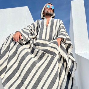 Mens muslin cotton kaftan with HOOD / muslin fabric authentic CAFTAN for men / greek style kaftan / loose kaftan gray striped image 2