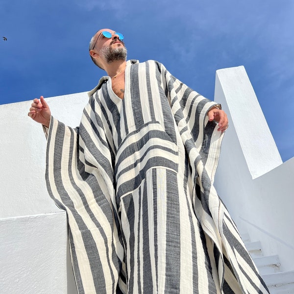 Mens muslin cotton kaftan with HOOD /  muslin fabric authentic CAFTAN for men /  greek style kaftan / loose kaftan gray striped