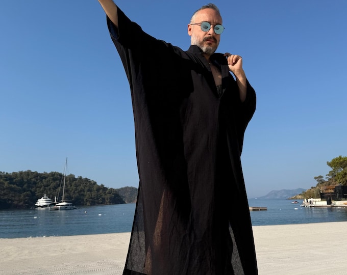 New Design ! Sheer caftan / Mens caftan Linen authentic CAFTAN for men / greek style kaftan / loose kaftan / turtle neck collar caftan