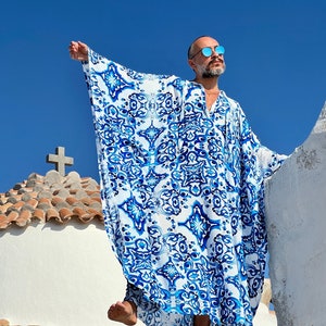 Mens Viscose Caftan Blue majolica print caftan for men, kaftan tunic pool party , billowy dress plus size kaftan caftan image 8