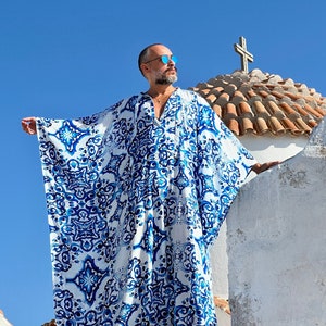 Mens Viscose Caftan Blue majolica print caftan for men, kaftan tunic pool party , billowy dress plus size kaftan caftan image 2