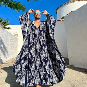 Viscose Sea Shell Kaftan / Mens caftan blue authentic CAFTAN for men /  greek style kaftan / loose kaftan blue and white  / kaftan for men