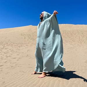 Mens muslin caftan with HOOD /  cotton muslin fabric authentic CAFTAN for men /  greek style kaftan / loose kaftan agave green