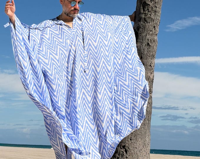 Viscose Men Caftan Pullover – Light Blue White Zigzag Kaftan, Resort Wear, Beach Cover Up, Luxury Loungewear, Oversized Caftan for Men