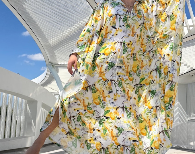 Lemon Print Mens Caftan, Viscose Tunic, Handmade Resort Wear