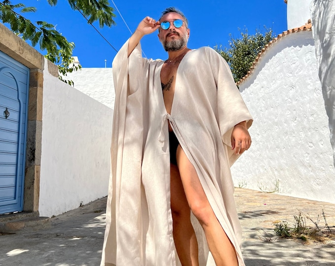 Mens Robe / long tunic kaftan   / beige cotton gauze & hemp / mens loungewear / pool party garment / caftan / robe for men /