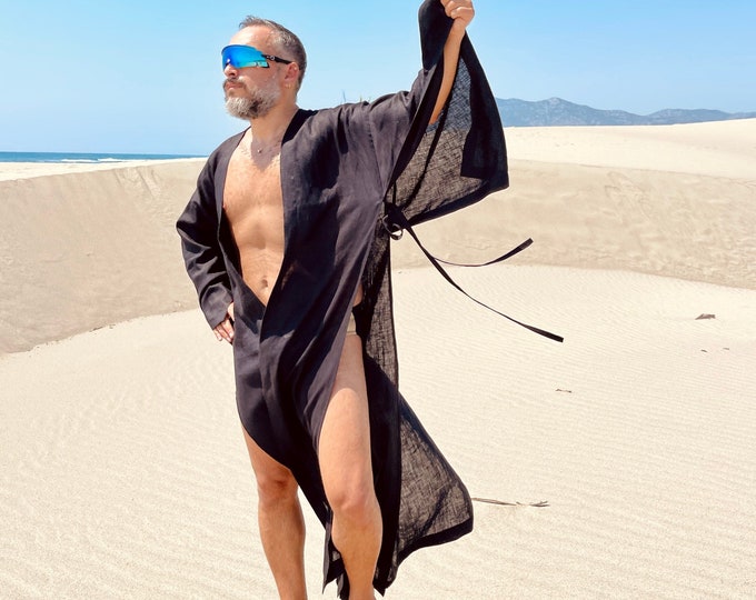 Mens Linen caftan , Sexy caftan for men, kaftan, tunic pool party , festival clothing black white ponchos burning man