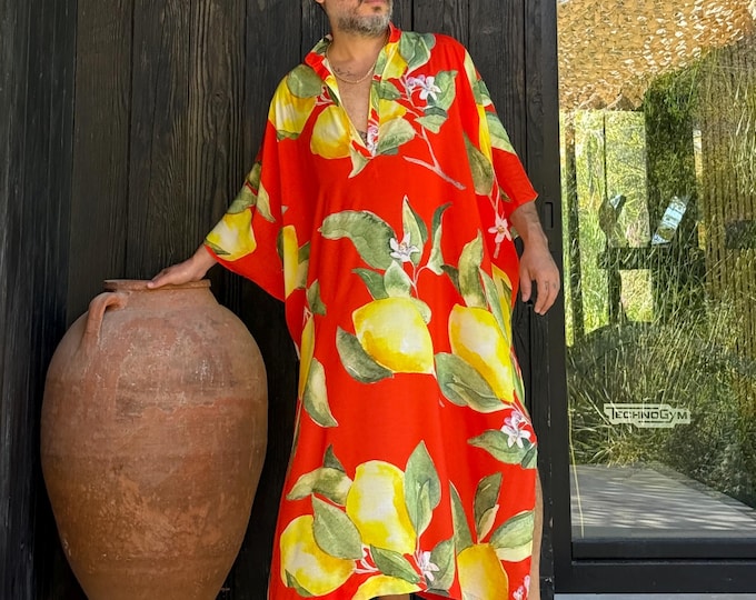 New Design! Mens Kaftan / Lemon print viscose greek style kaftan for men /  long tunic pool party caftan / sicily caftan