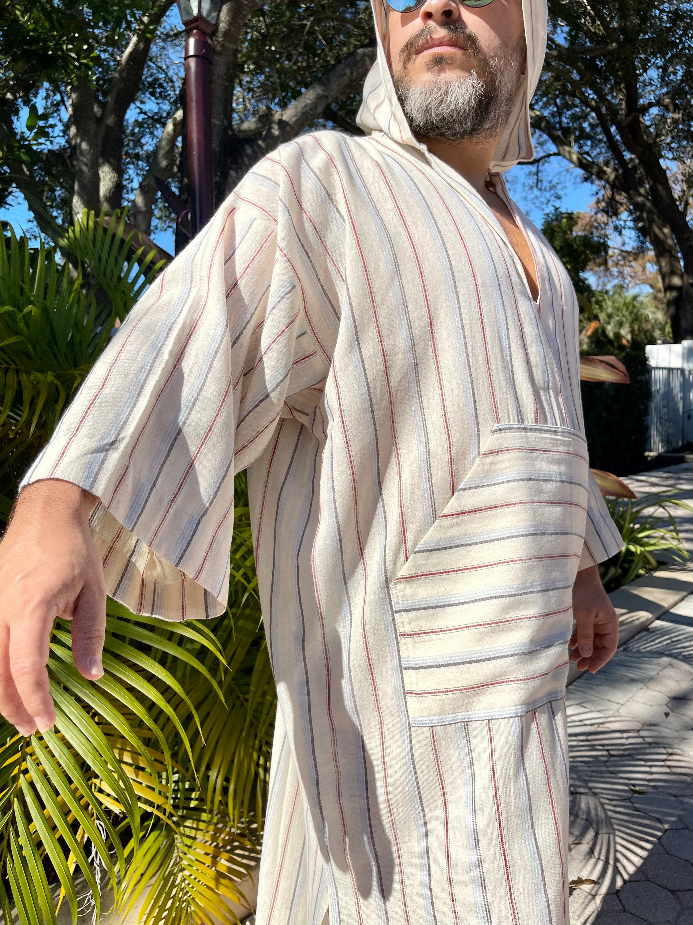Mens Linen Hooded Caftan / striped Kaftan Greek hoodie kaftan for men