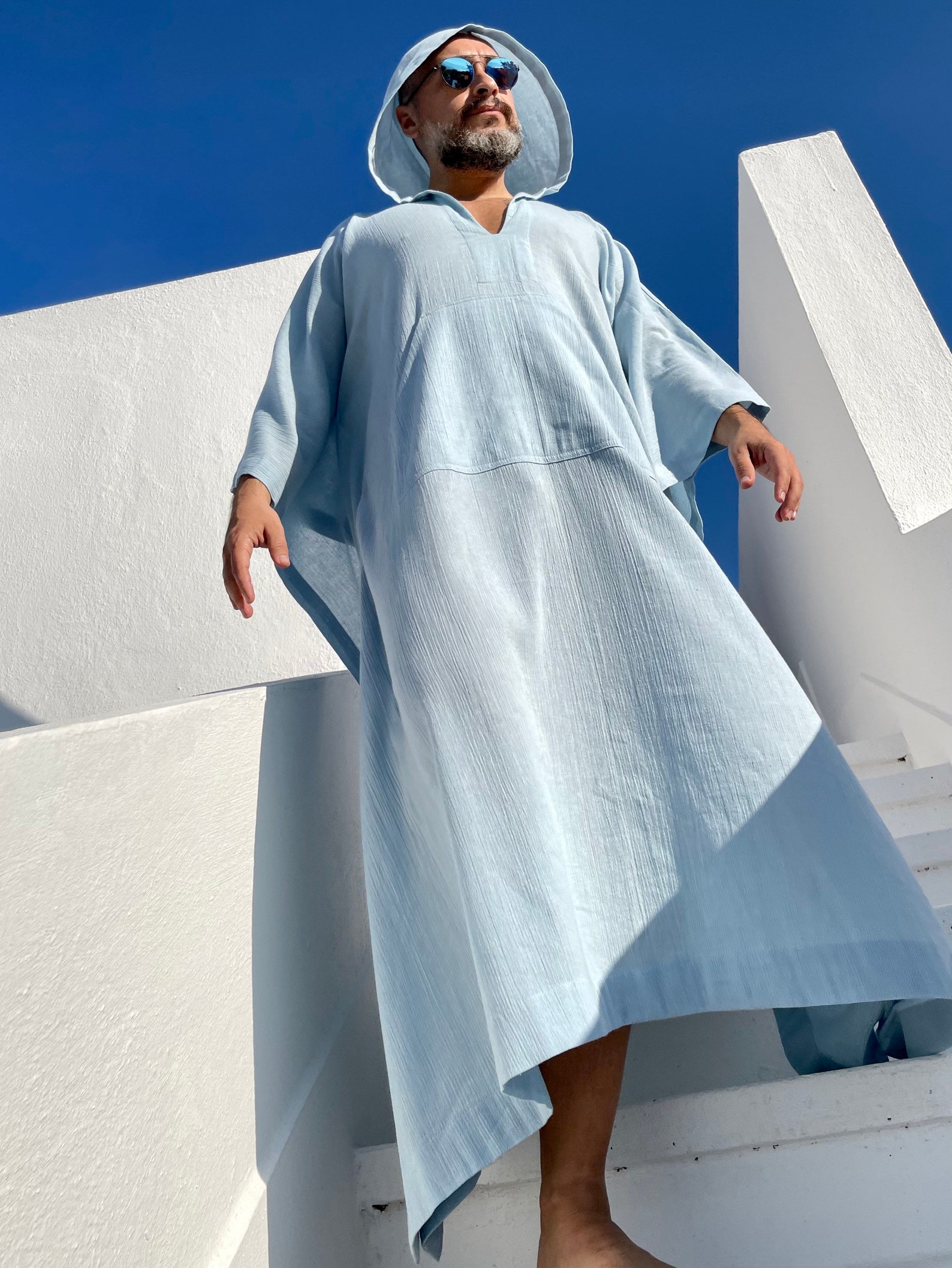 Mens authentic Linen Kaftan with Hood / light blue color / Etsy