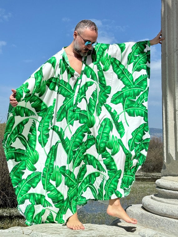Handmade Viscose Mens Caftan, Greek Style Green Palm Print
