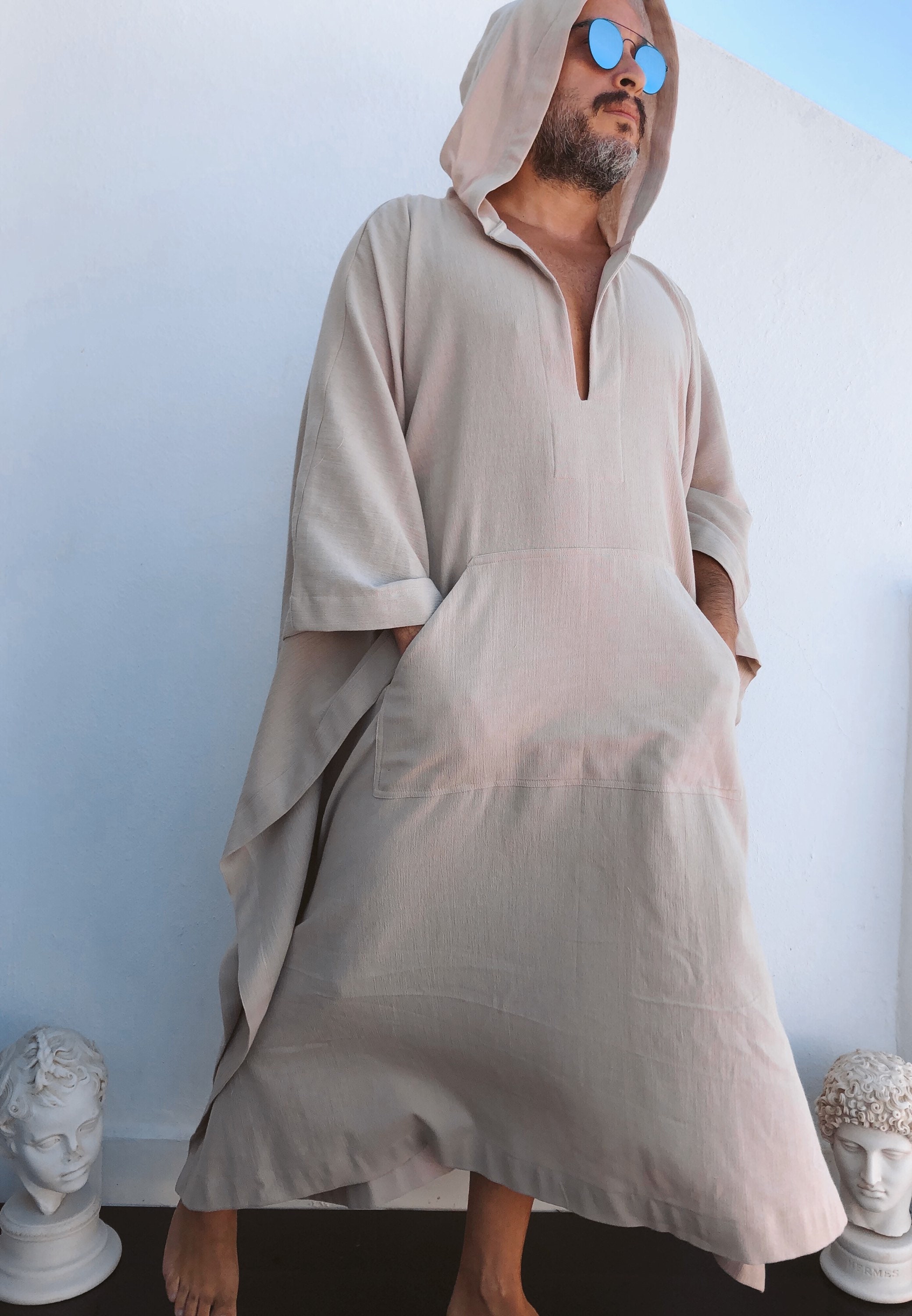 Mens Cotton Gauze Caftan with Hood / sand natural color / loose kaftan