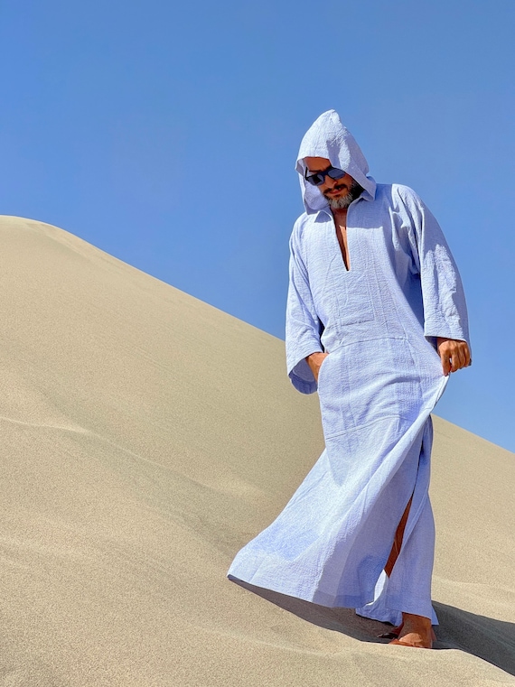 Mens bamboo Cotton Hooded Caftan – Blue V Neck, Plus Size