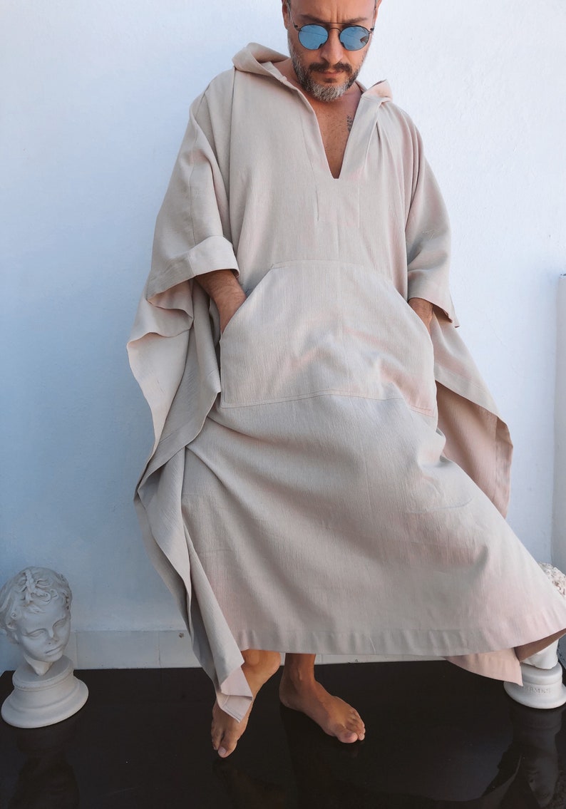Mens Cotton Gauze Caftan With Hood / Sand Natural Color / - Etsy