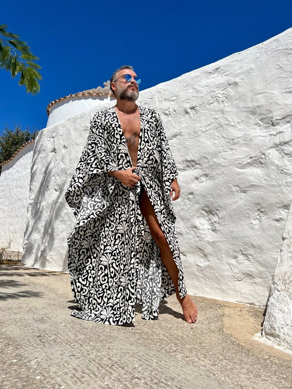 Men's Viscose Palm Tree Kimono Robe: Black and White Loungewear