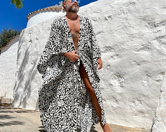 Mens Robe viscose / long tunic kaftan /  kimono  / palm tree loungewear / pool party / caftan / robe for men / black and white