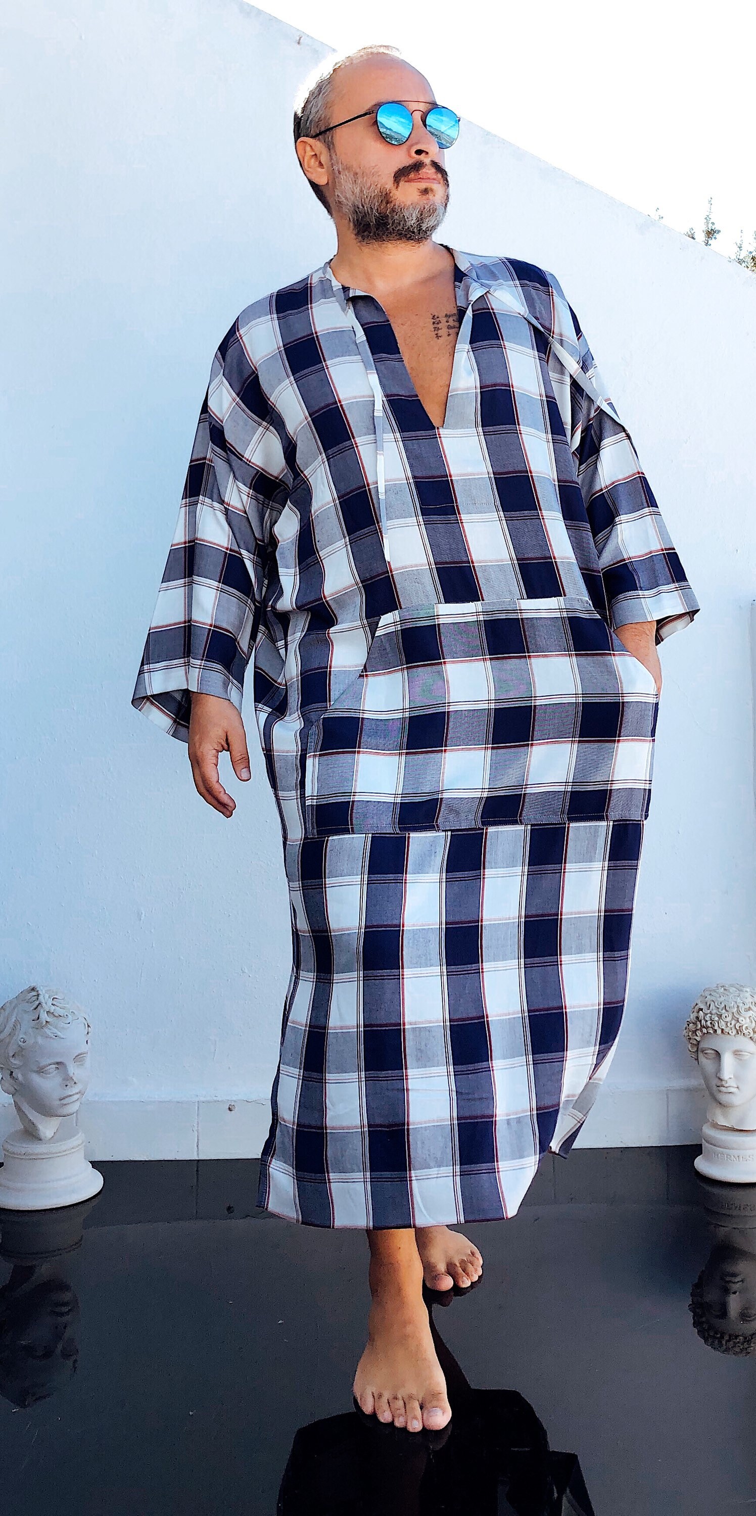 Mens Kaftan Shirt Greek GREECE Style Kaftan For Men Tunic Viscose Robe For Surfers Blue And 