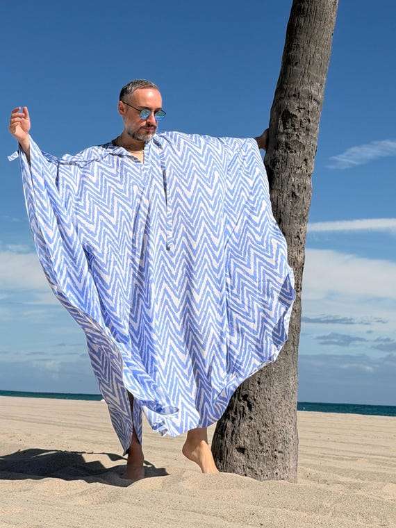 Men's Viscose Caftan Pullover – Light Blue Zigzag Beach Cover Up, Loungewear