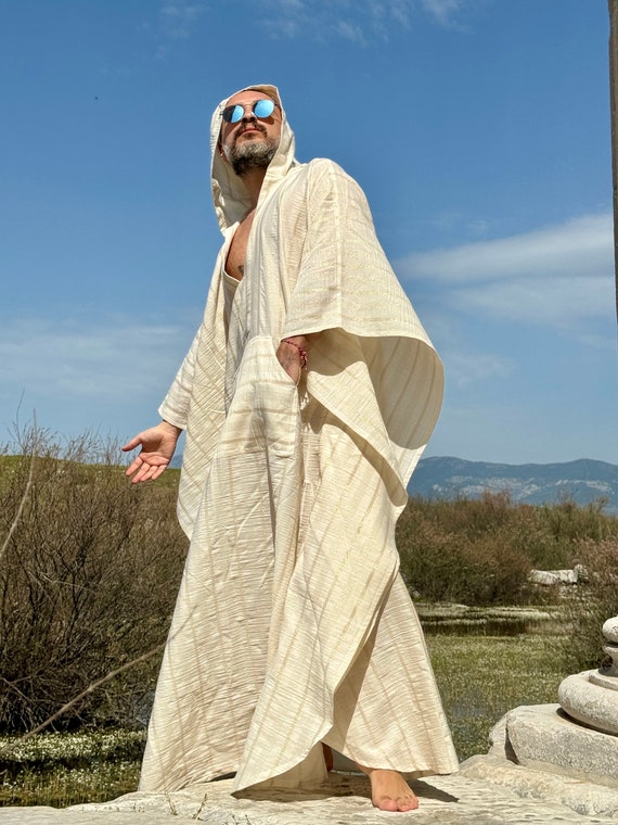 Mens Gold Striped Cotton Gauze Caftan – Greek Style Hooded Robe
