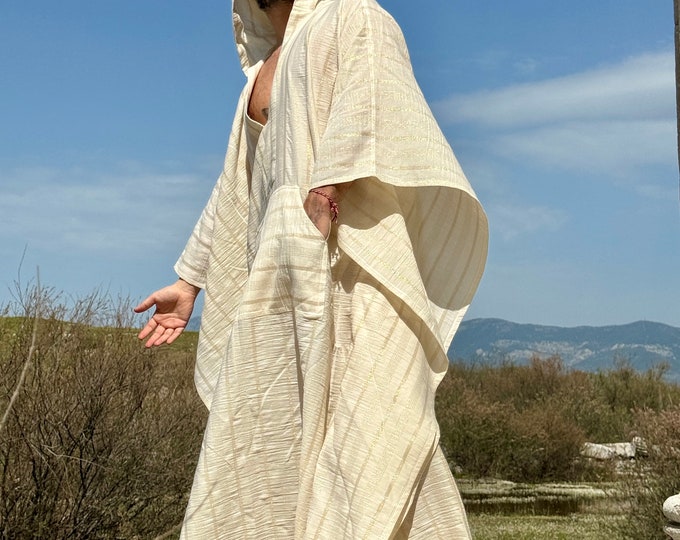 Mens caftan Gold  lightweight cotton gauze  authentic CAFTAN for men /  greek style kaftan / loose kaftan gold striped