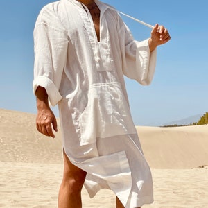 Mens white caftan / cotton gauze kaftan for men / mid calf caftan pool party loose caftan / plus size caftan / kaftan for men beige black image 3