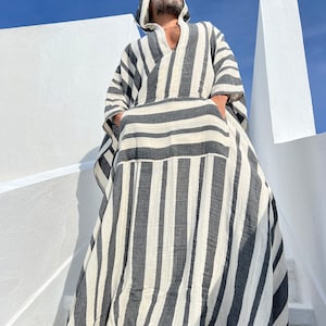 Mens muslin cotton kaftan with HOOD / muslin fabric authentic CAFTAN for men / greek style kaftan / loose kaftan gray striped image 9