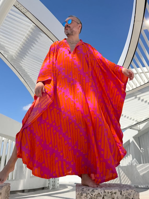 Mens Viscose Geometric Caftan – Lightweight Boho Beach Cover Up pink orange fuchsia