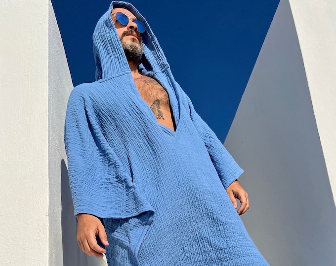 Mens muslin caftan with HOOD /  cotton muslin fabric authentic CAFTAN for men /  greek style kaftan / loose kaftan blue