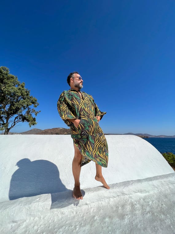 Men's Seersucker Caftan: Greek Style Palm Print Beach Cover-Up
