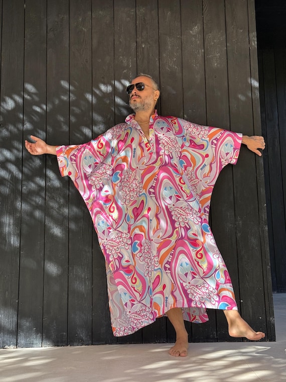 Mens Pink Paisley Satin Caftan, Band Collar Tunic, Plus Size