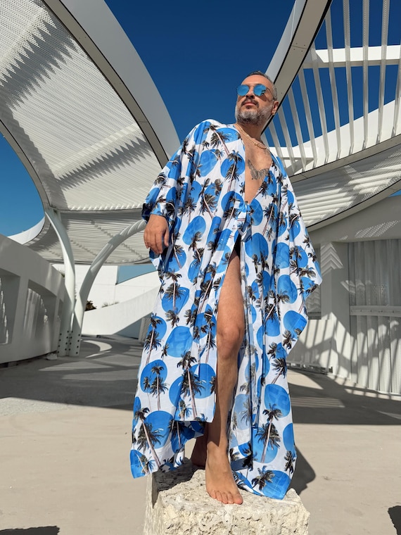 Handmade Cotton Voile Kimono Robe – Palm Print Beach Cover Up, Resort Caftan