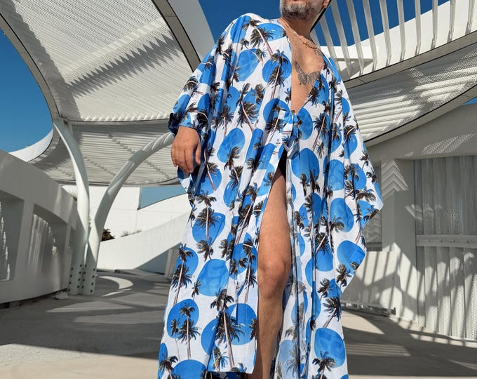 Handmade Cotton Voile Kimono Robe – Palm Print Beach Cover Up, Resort Caftan