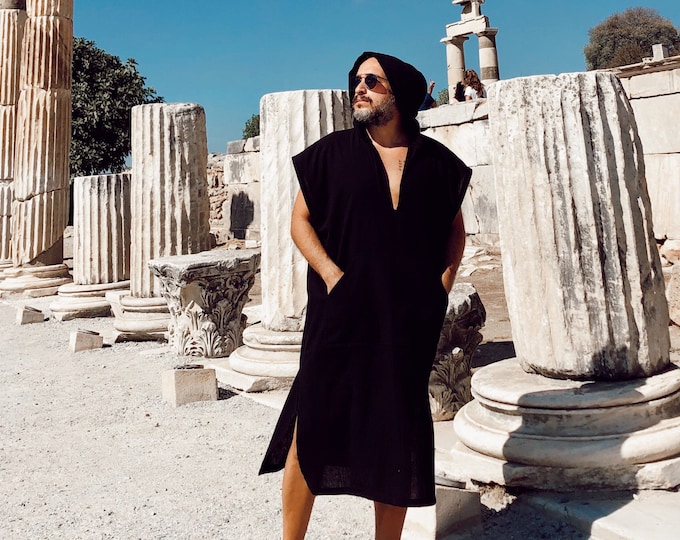 Linen mens natural short kaftan with hood , sleeveless , linen robe, linen surfers robe, loungewear night gown , pool party , beige black