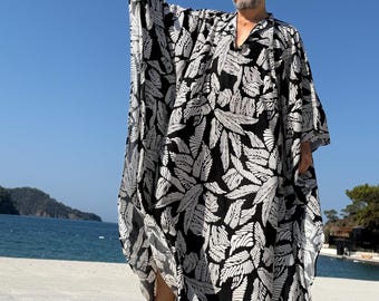 Mens caftan black and white viscose authentic CAFTAN for men /  greek style kaftan / loose kaftan / palm tree
