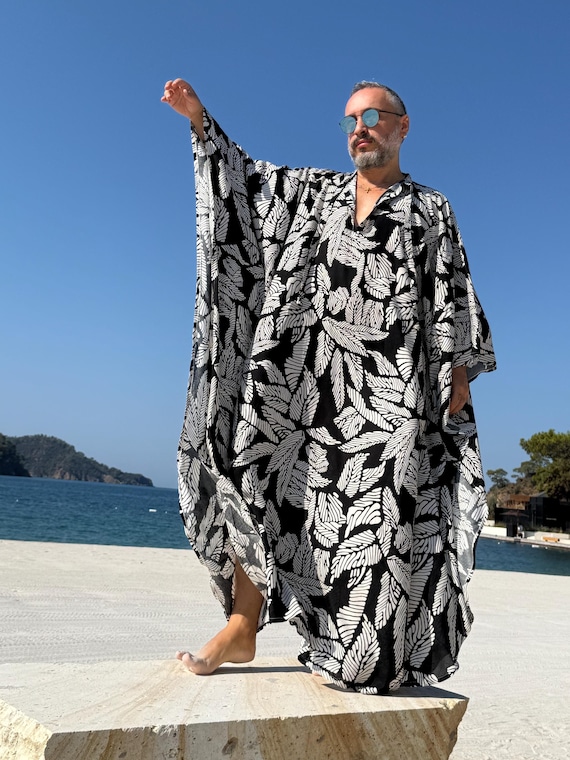 Mens Palm Tree Caftan: Black and White Viscose, Greek Style