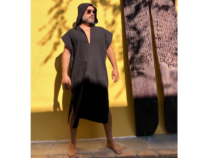 mens natural short kaftan with hood , sleeveless , linen robe, surfers robe, loungewear night gown , pool party , beige black cotton gauze