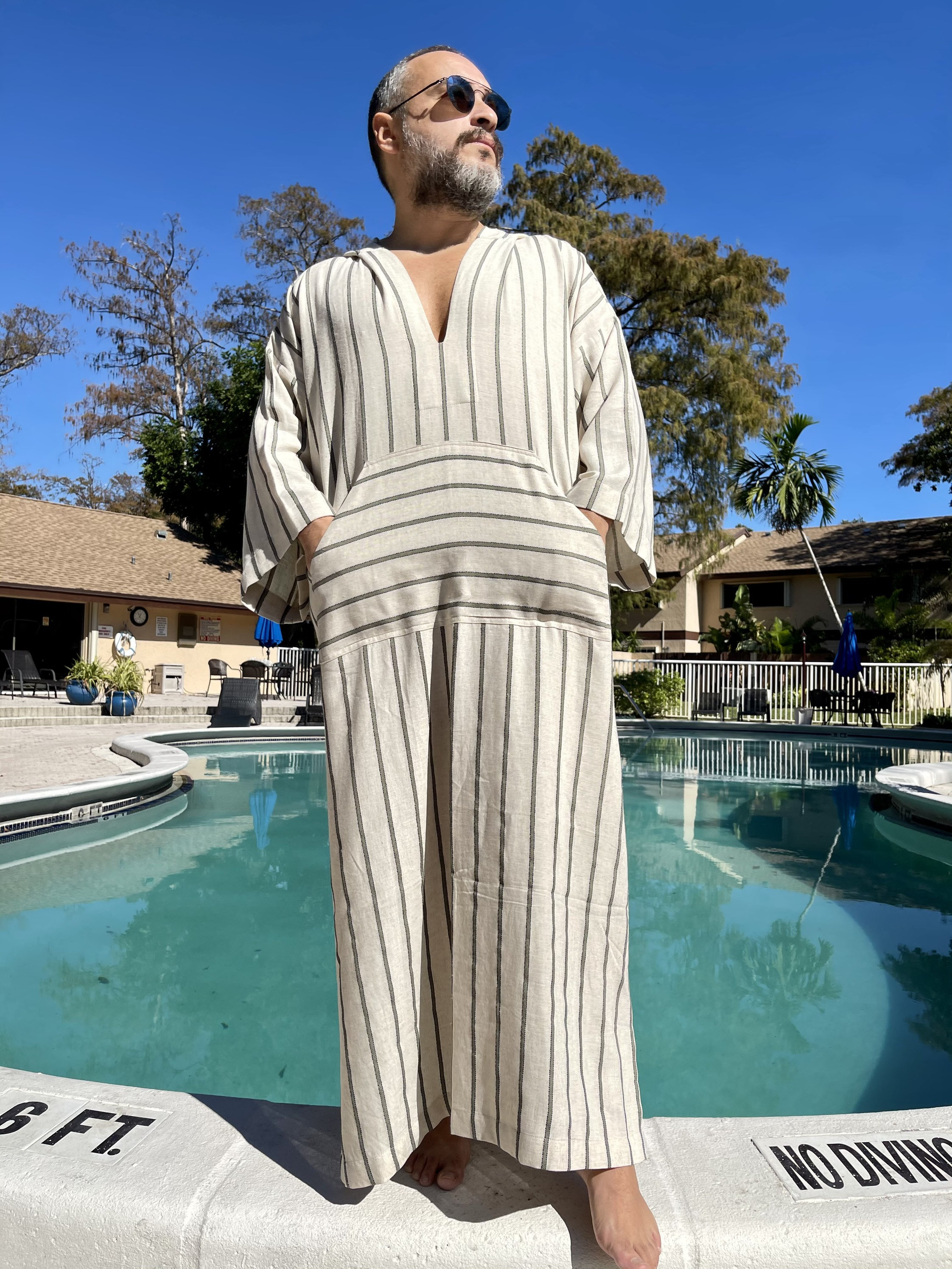 Mens Linen Hooded Caftan / green striped Kaftan Greek hoodie kaftan for