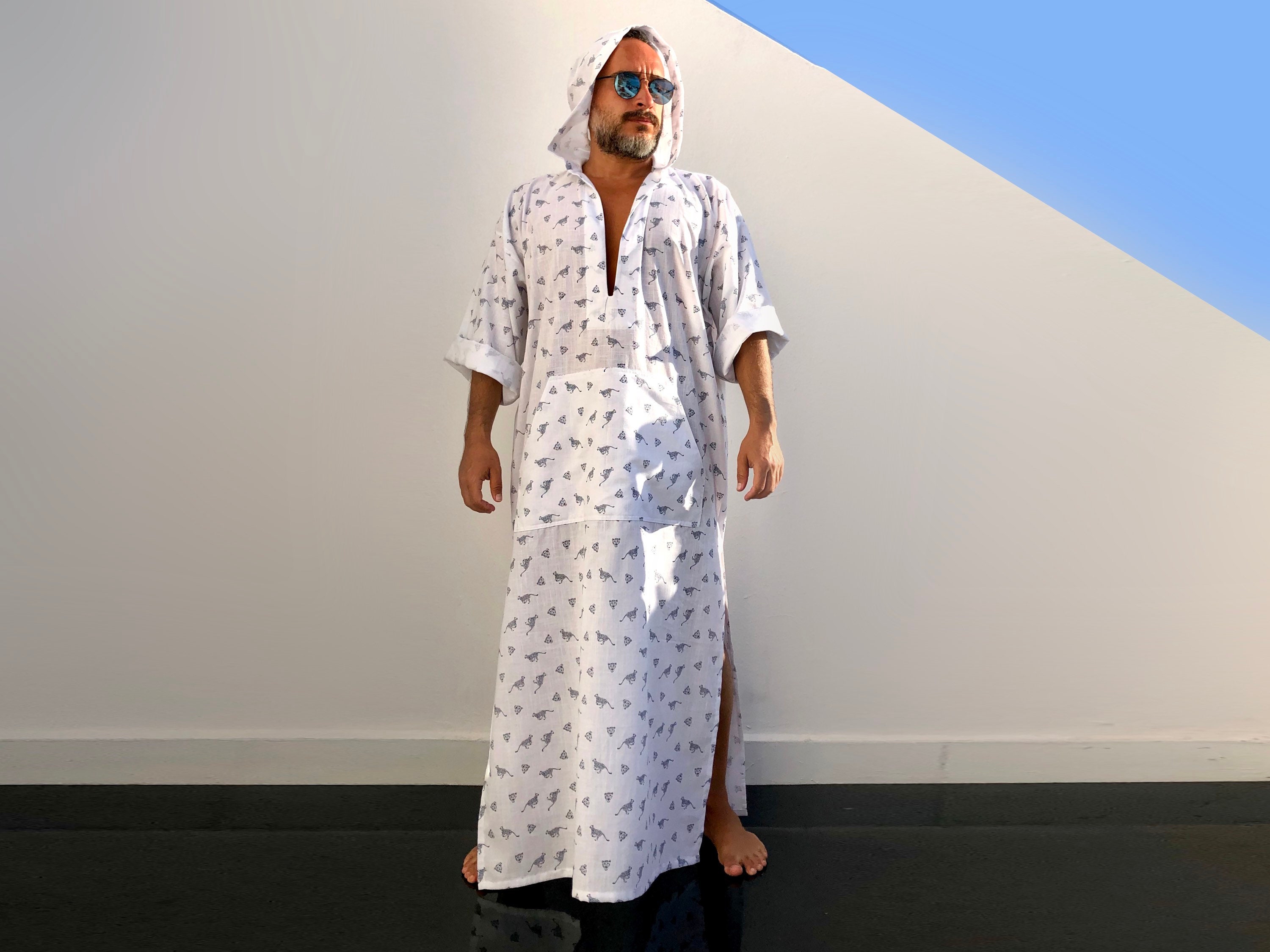 Tiger Print - Mens kaftan with HOOD cotton & Linen CAFTAN for men ...