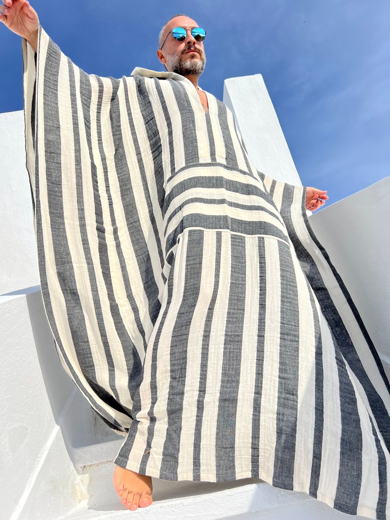 Mens muslin cotton kaftan with HOOD / muslin fabric authentic CAFTAN for men / greek style kaftan / loose kaftan gray striped image 6