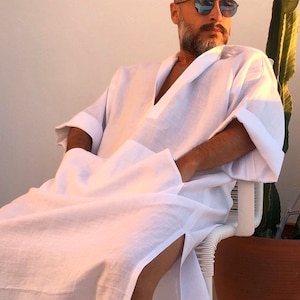 Mens Linen Hooded Kaftan / greek style linen / kaftan for men linen robe for surfers / long tunic caftan with hood - white / plus size