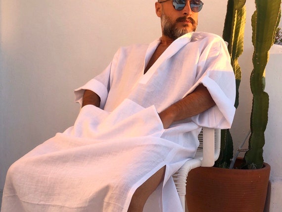 Mens Linen Hooded Kaftan - Greek Style Beach Robe