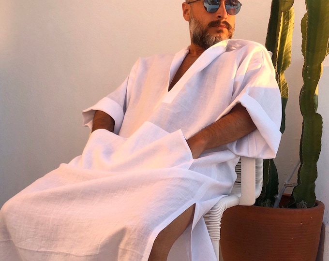 Mens Linen Hooded Kaftan / greek style linen / kaftan for men linen robe for surfers / long tunic caftan with hood - white / plus size