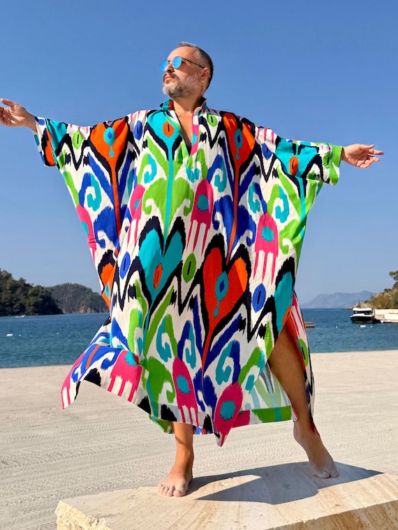 Handmade Men's Ikat Viscose Kaftan: Greek Style Tunic green orange blue ikat