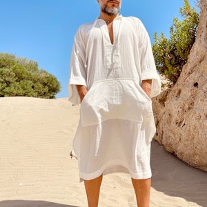 Mens white caftan / cotton gauze kaftan for men / mid calf caftan pool party loose caftan / plus size caftan / kaftan for men beige black image 5