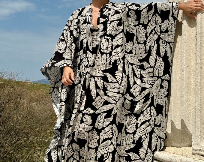 Mens caftan black and white viscose authentic CAFTAN for men /  greek style kaftan / loose kaftan / palm tree