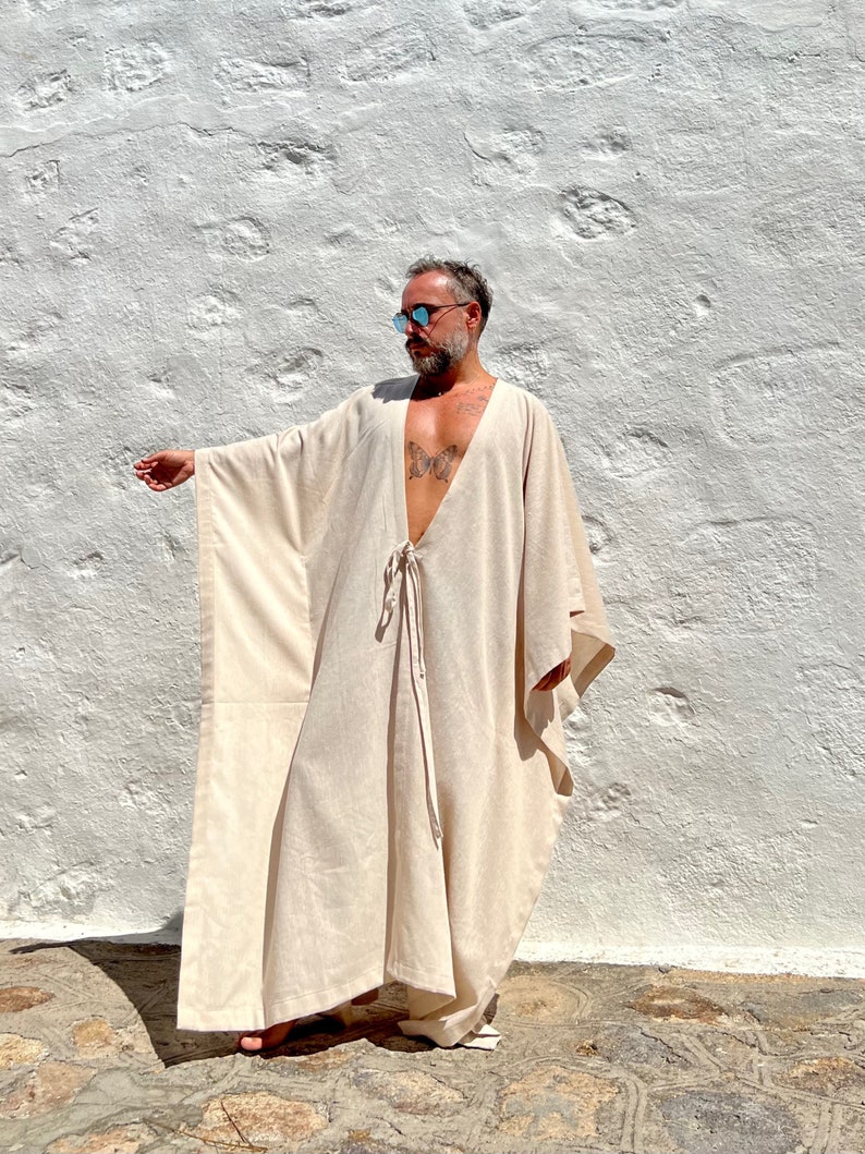 Mens Robe / Long Tunic Kaftan / Beige Cotton Gauze & Hemp / Mens