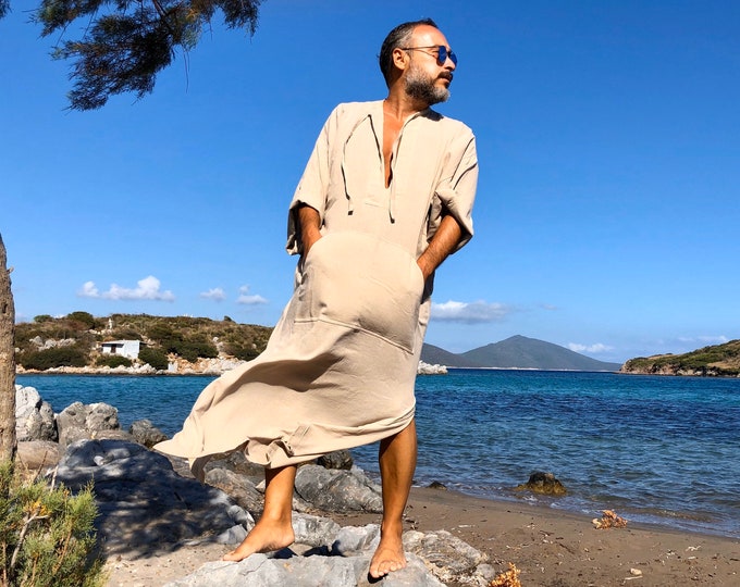 Mens kaftan, Cotton gauze and hemp Nightgown for men, linen surfers robe, homewear, loungewear night gown,pool party loose plus size caftan
