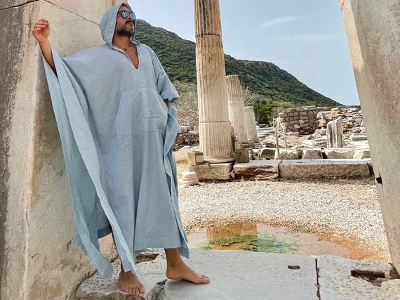 Mens Hooded Cotton Gauze Kaftan - Light Blue Tunic, Plus Size
