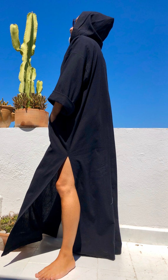 Mens Cotton Gauze Black Kaftan With Hood Surfers Robe Plain Black Natural Color Loose Kaftan for Men S Long Robe Tunic Etsy UK